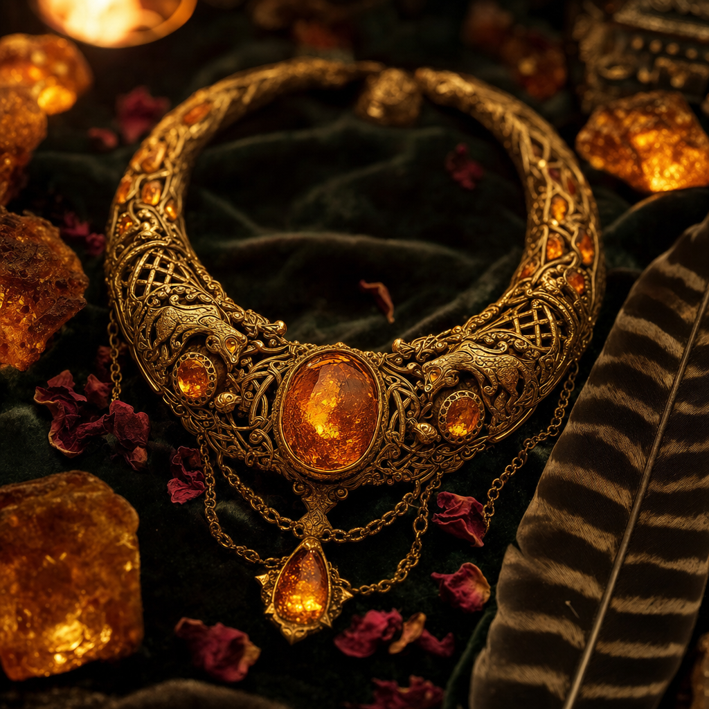 A close-up shot of an elaborate, heavy gold torque-style necklace resting on dark green velvet fabric. The necklace features intricate filigree work, Celtic knot designs, and carved details of predatory cats on either side of a large, oval, glowing amber cabochon stone in the center. Smaller round amber stones are set into the sides, and a teardrop-shaped amber pendant hangs from delicate gold tiers below. The background is softly lit and scattered with raw, glowing amber chunks, dark pink rose petals, and a striped brown feather.