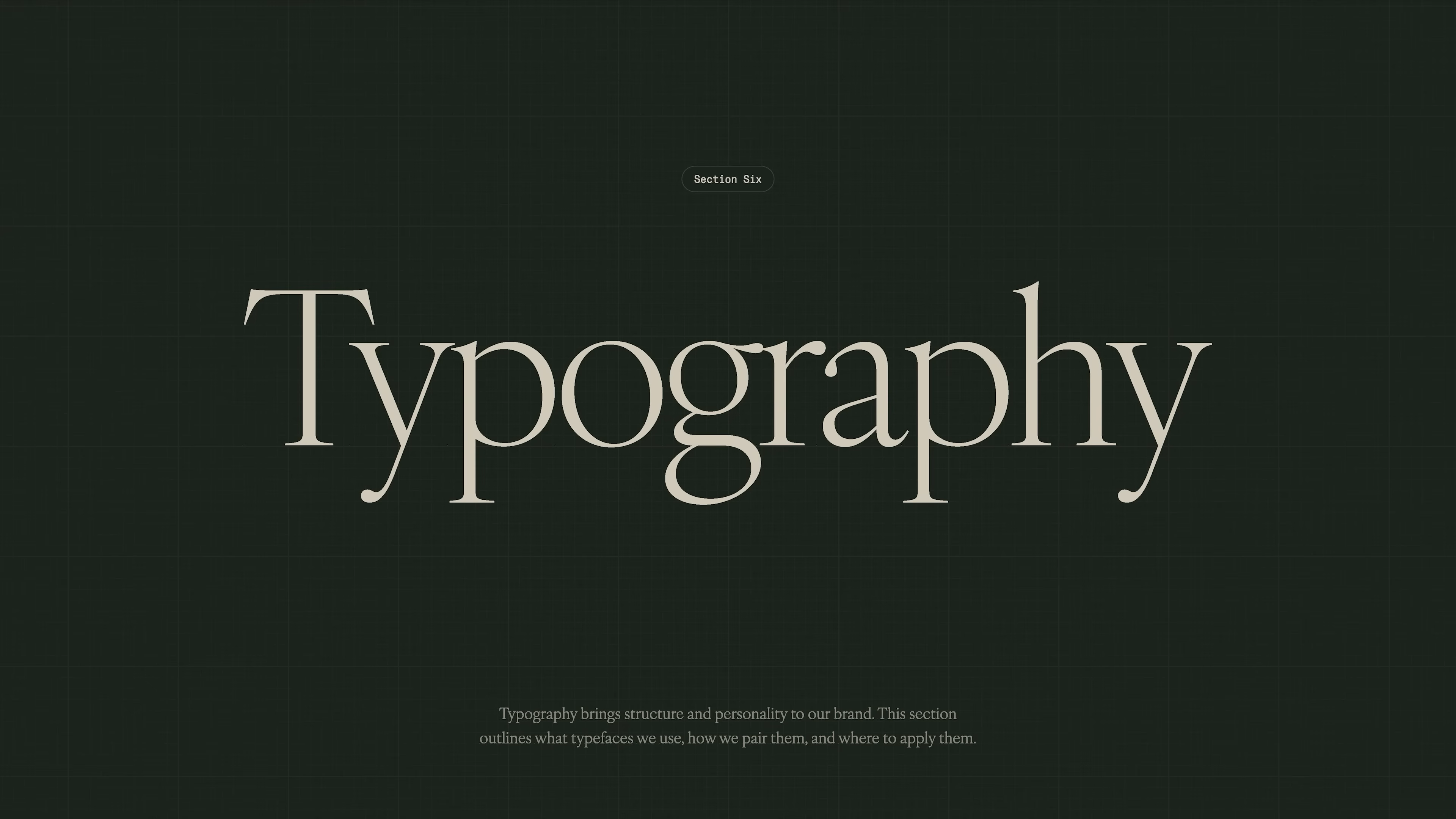 A section divider for typography in the Mode brand guidelines, with large serif text on a dark background. This visual from the video sets the stage for exploring the brand’s unique type system and highlights how typography shapes the brand’s digital and physical presence.