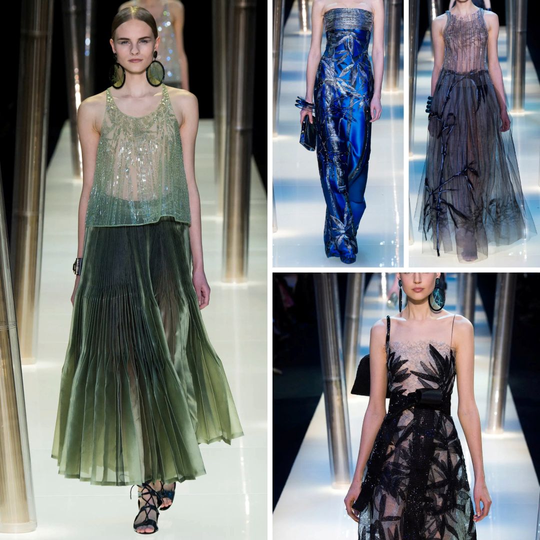 A collection featuring pleated sheer gowns in forest green, deep blue, and black, embellished with glimmering embroidery, beadwork, and botanical motifs. Models wear oversized earrings and walk against a backdrop of vertical metallic elements.