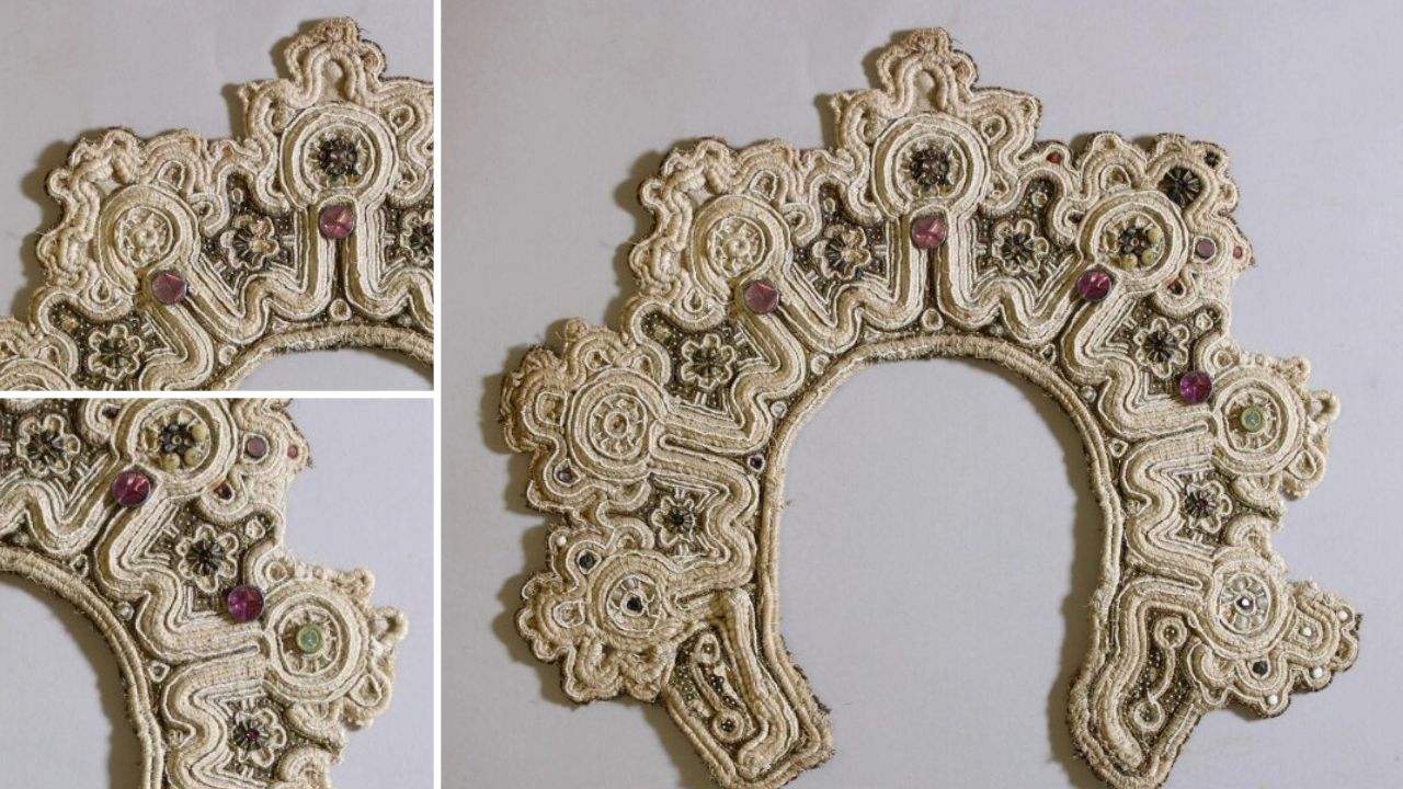 Detailed views of a traditional Pinezhsky pearl diadem from the Victoria and Albert Museum collection. The diadem features intricate beadwork, pearls, and raised patterns on a white base, with floral and architectural motifs. This 19th-century Russian bridal headpiece showcases traditional сажение по бели techniques.