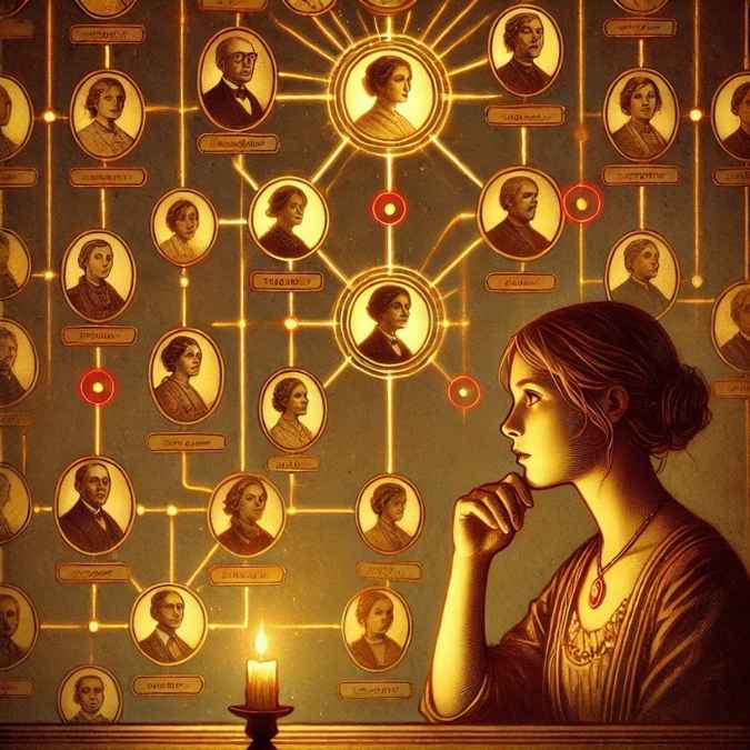 Une femme observe un arbre généalogique illuminé mettant en évidence des répétitions symboliques à travers des portraits reliés par des lignes dorées et entourés de cercles rouges