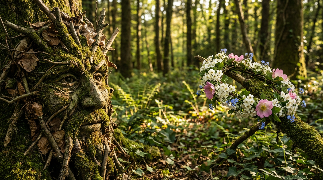 A side-by-side comparison of a moss-covered Green Man tree carving and a vibrant flower crown woven with pink roses and hawthorn blossoms in a sun-drenched, old-growth forest.
