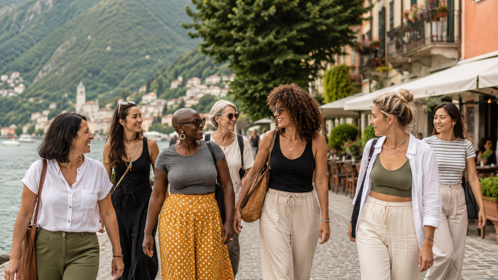 A small group of women walking together through a European street on a curated cultural trip.