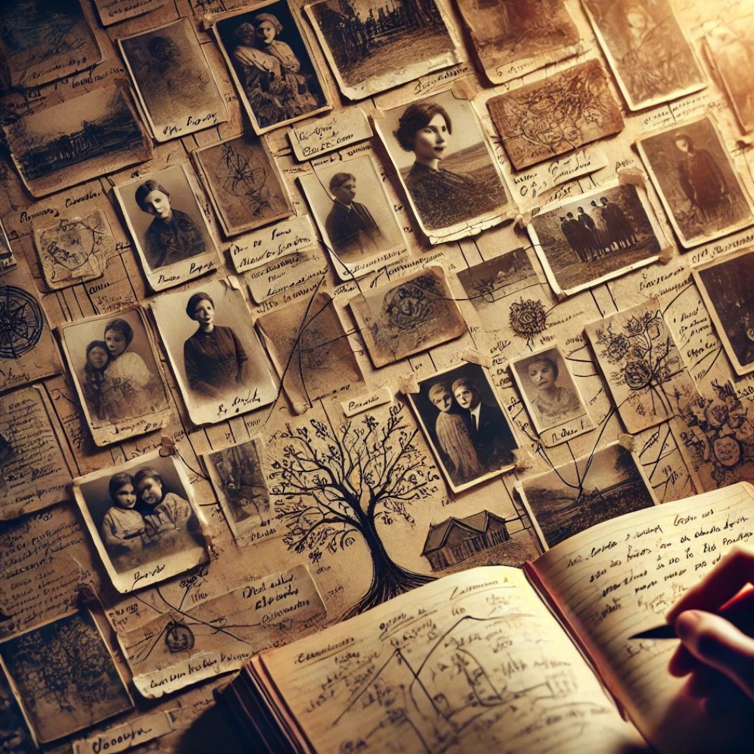Mur de photos anciennes et notes manuscrites reliées par un arbre dessiné, illustrant l'approche de la psychogénéalogie