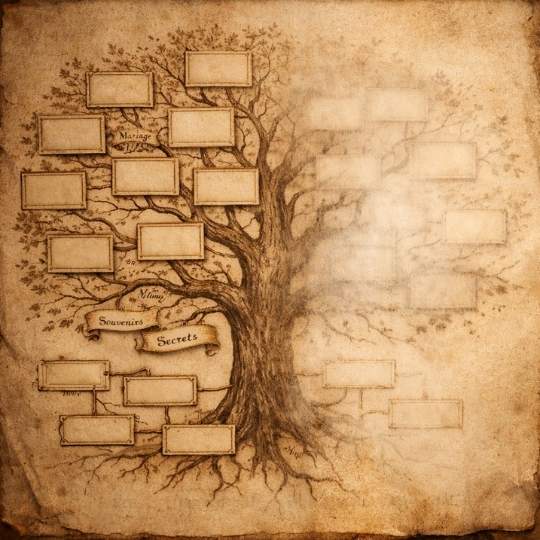arbre généalogique ancien avec branches effacées symbolisant les silences et secrets dans une lignée familiale