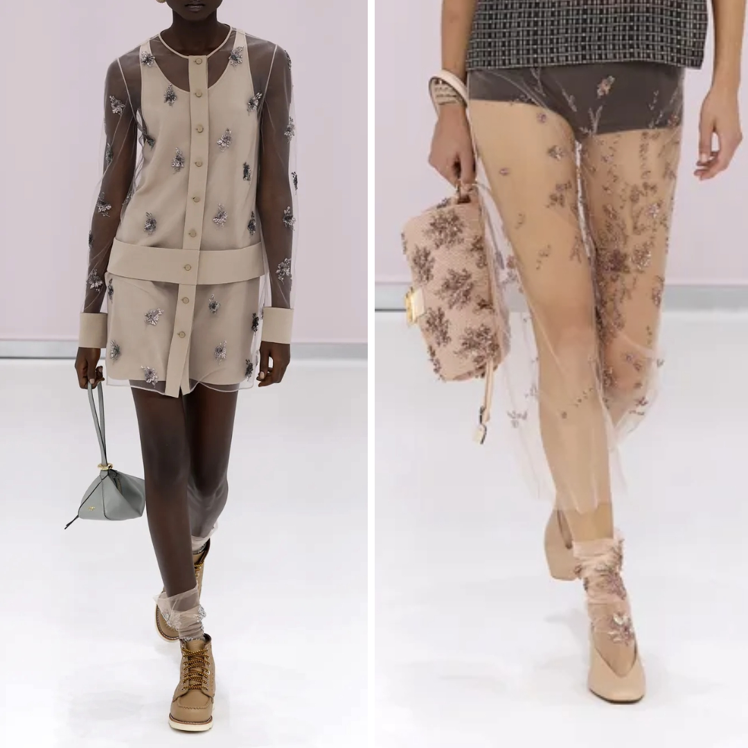 Two models wearing designs from Fendi Spring-Summer 2025 collection. Left: A beige sheer cardigan and skirt embellished with sequined floral motifs, paired with tan boots and a small triangular handbag. Right: A detailed view of sheer sequined trousers layered over nude shorts, styled with matching sequined shoes and a beige floral-embroidered handbag