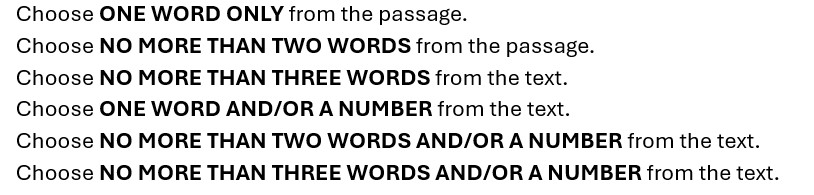 A picture of instructions for no more than words in the IELTS Listening and Reading tests