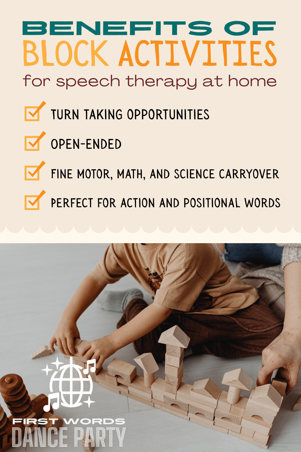 A child engaging in blockplay and activities for speech therapy at home.