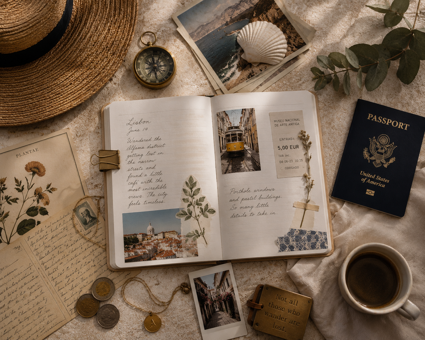 Overhead flat lay of a worn leather travel journal, a passport, a small ceramic keepsake, and dried flowers on a cream linen surface