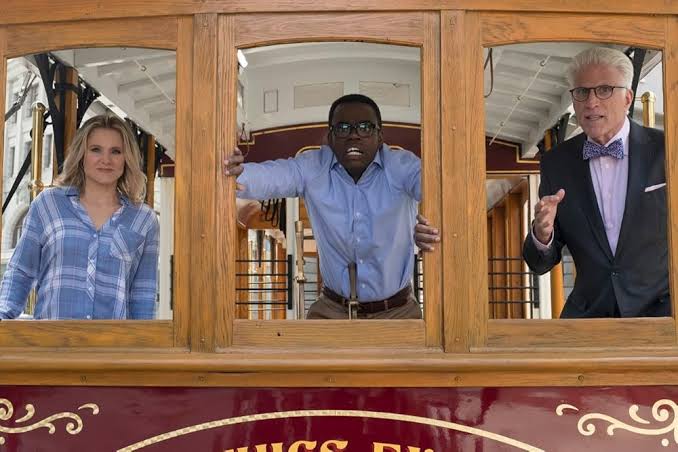 Eleanor, Chidi and Michael on the trolley
