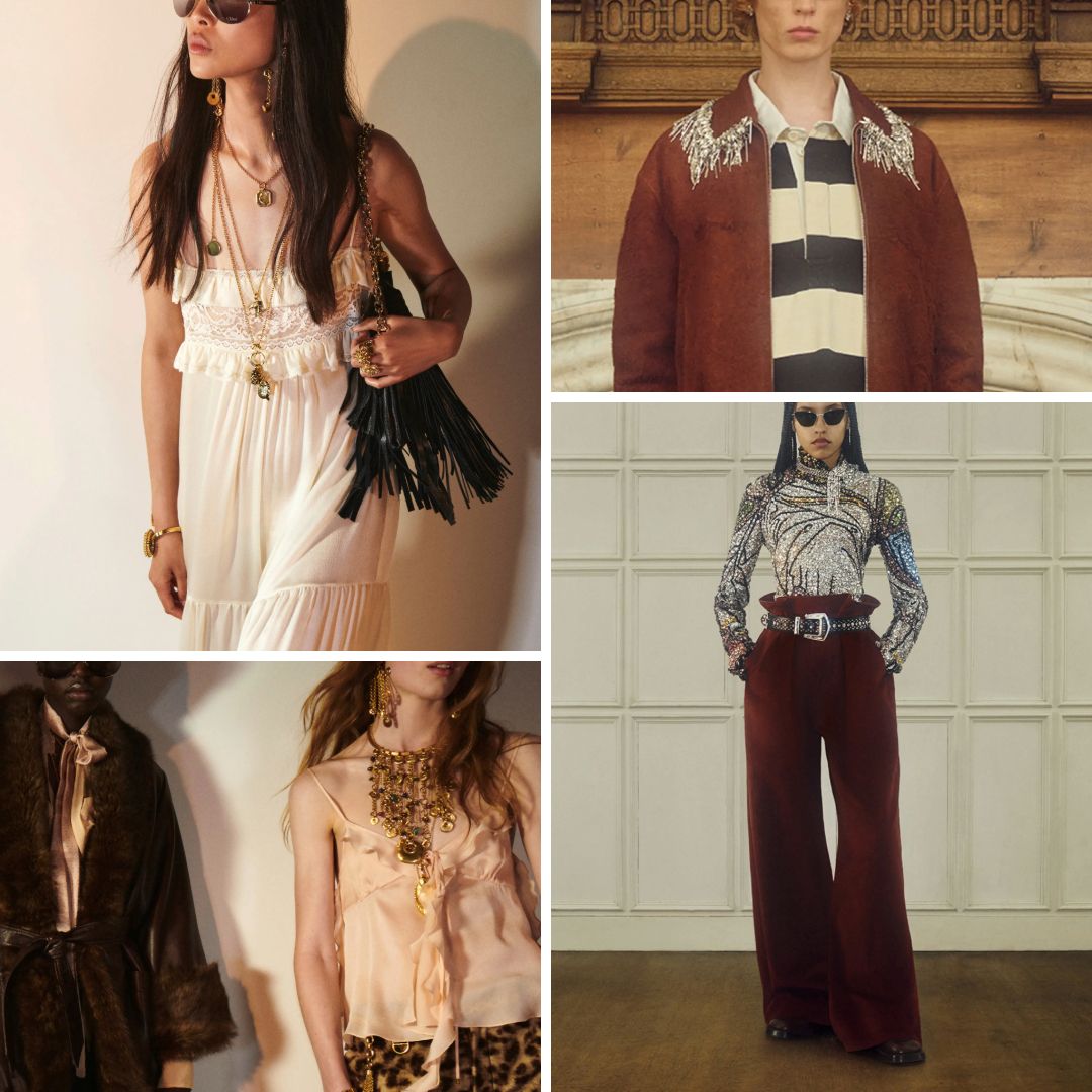 A collage of Resort 2025 looks from Chloé and Alexander McQueen featuring fringe bags, velvet trousers, layered jewellery, and sequins