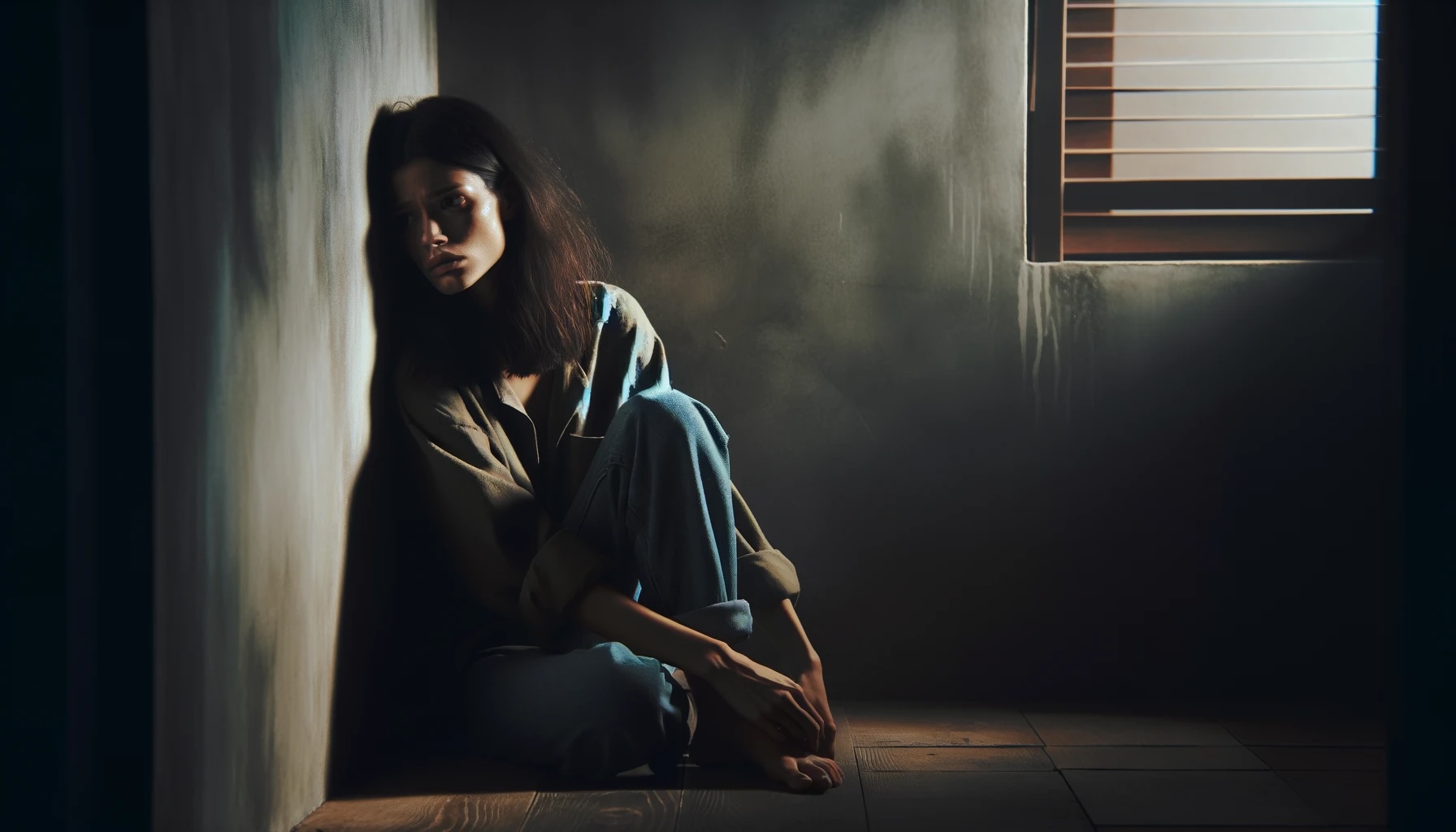 Femme isolée dans une pièce assise par terre