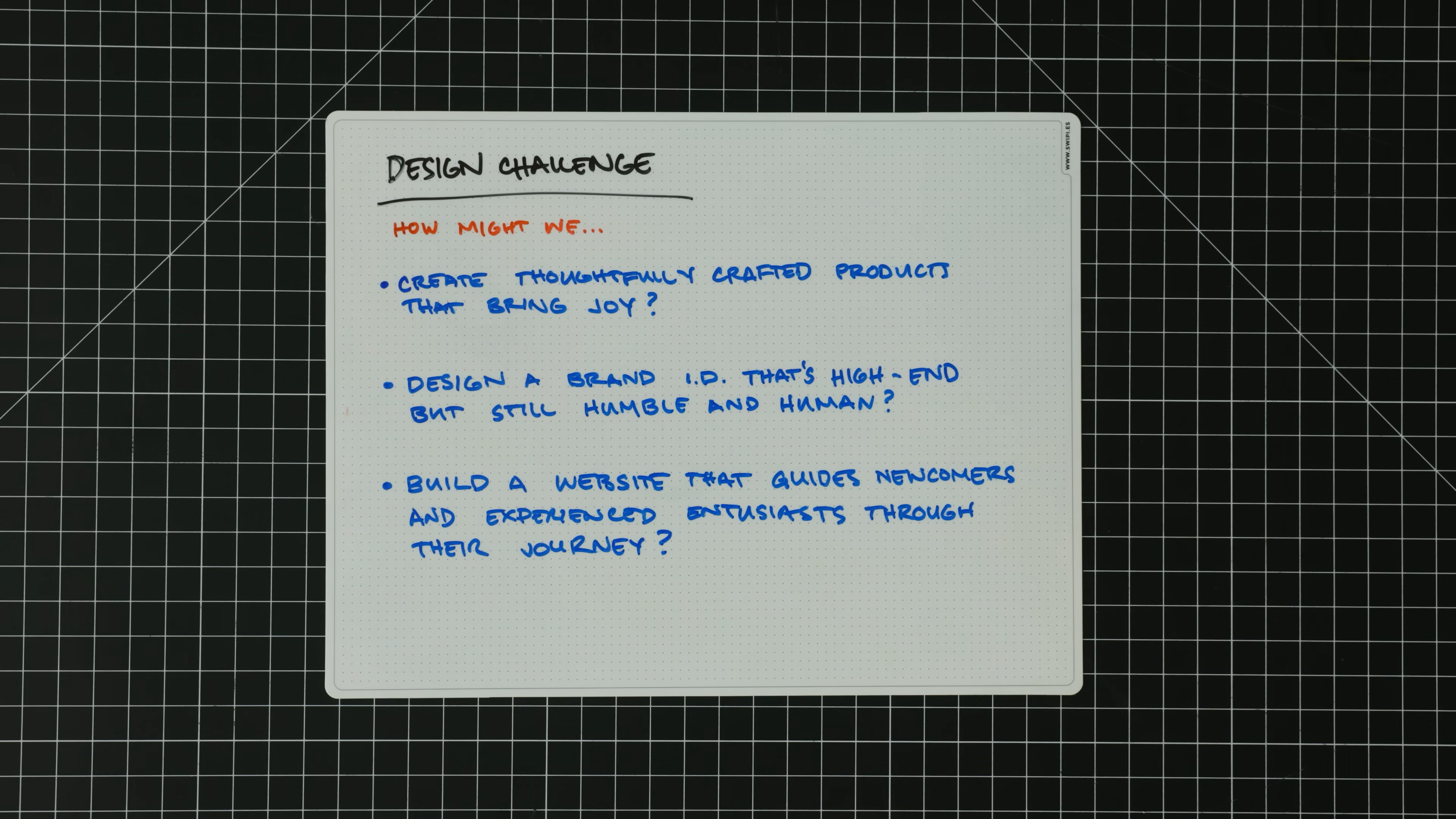 Handwritten design challenge notes listing key questions for Mode’s rebrand, focused on crafting joyful products, building a high-end yet human brand, and guiding users online, from Matthew Encina’s video.