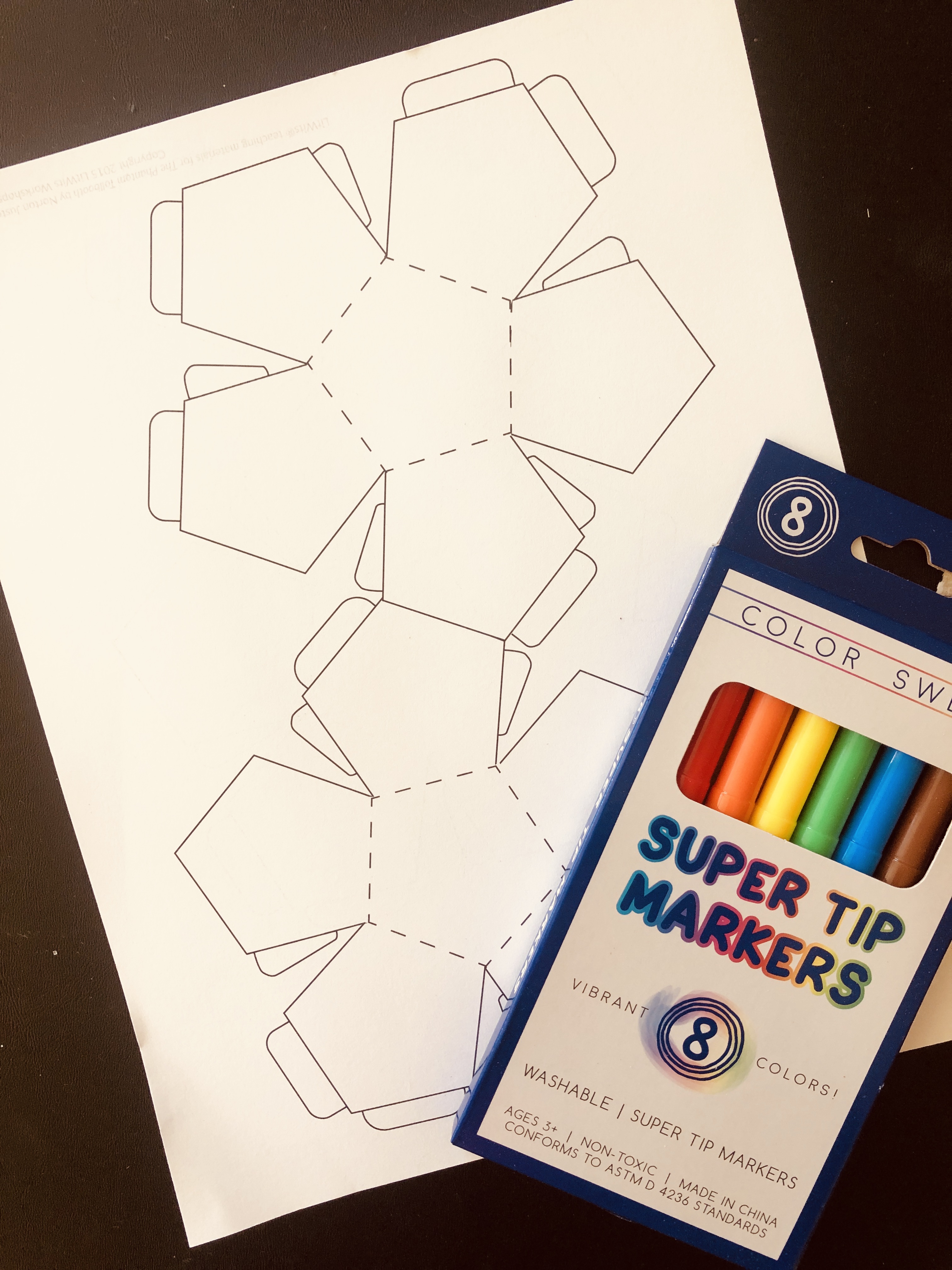 Markers and the LitWits template for making the Dodecahedron, as in THE PHANTOM TOLLBOOTH by Norton Juster 