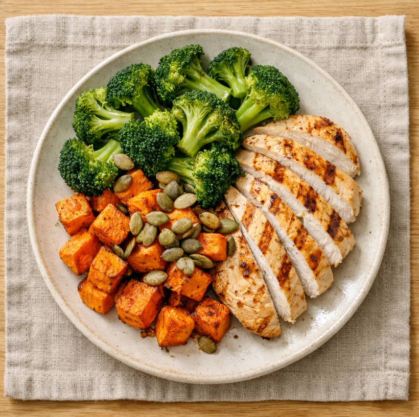 Protein-rich balanced meal with grilled chicken, broccoli, sweet potato, and seeds for sustained energy