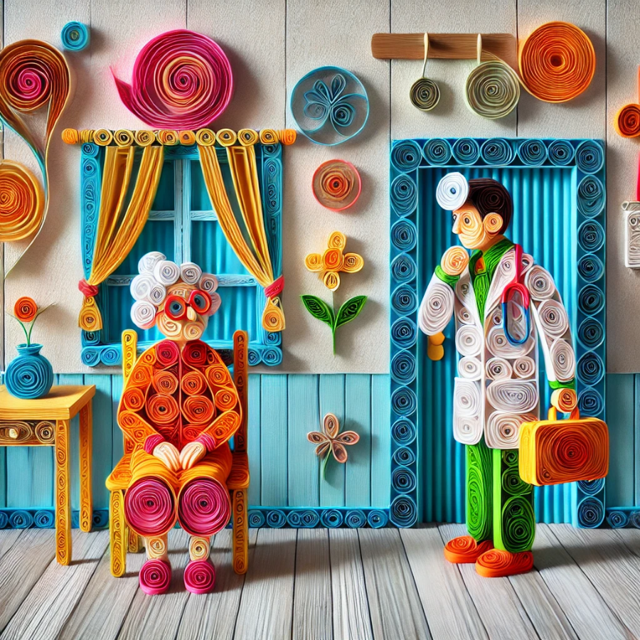 An old woman sits on a chair in her home while a young doctor stands next to her. Image in the style of paper quilling.
