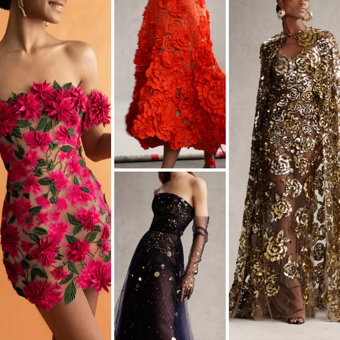 Pre-Fall 2023 collage showing Oscar de la Renta's sequined florals, crystal beading, and dramatic textile textures.