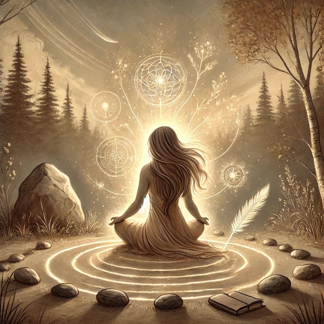 Illustration symbolique d’une femme en méditation recevant un soin énergétique pour libérer la blessure de trahison et les mémoires transgénérationnelles