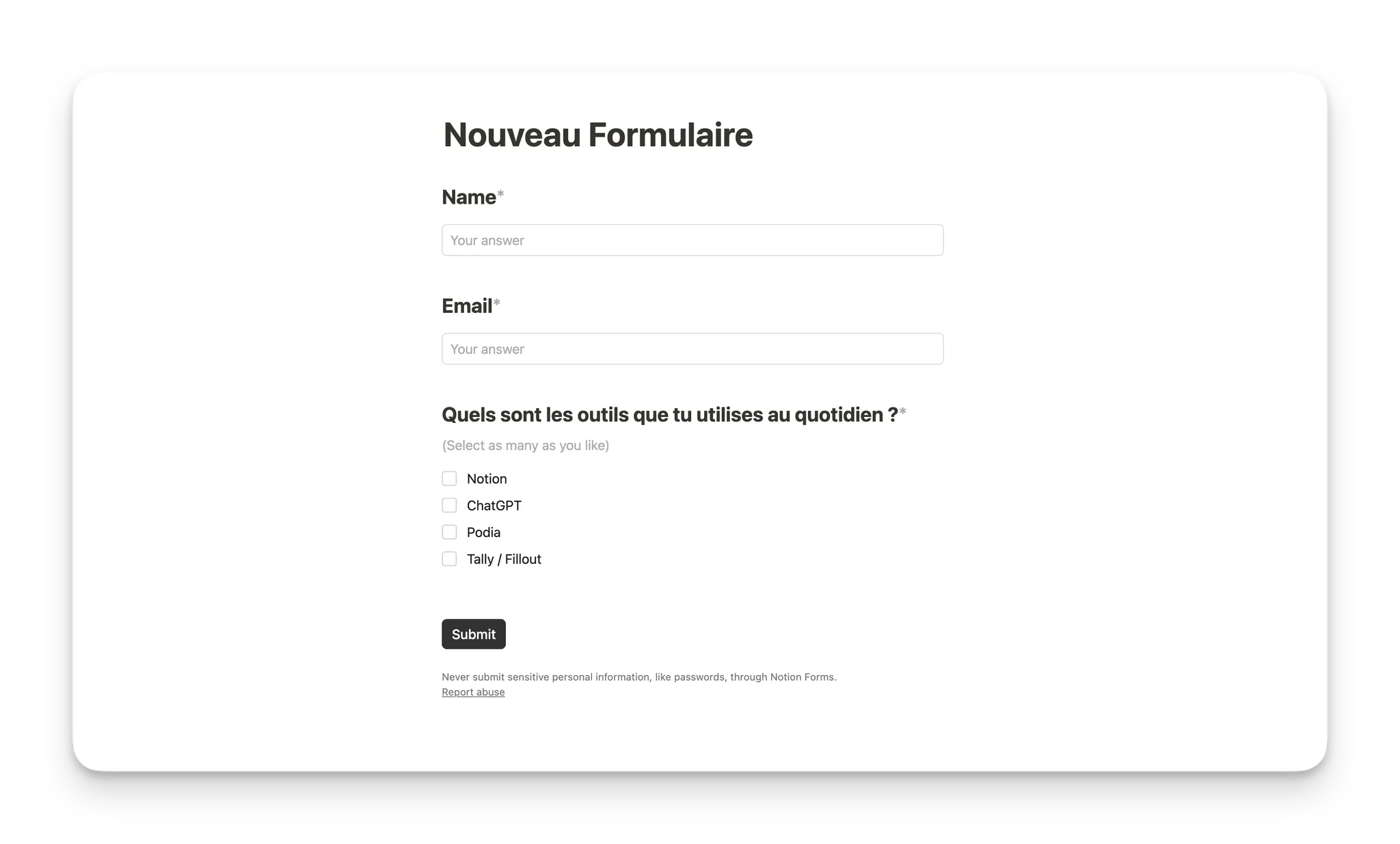 Nouveau formulaire dans Notion