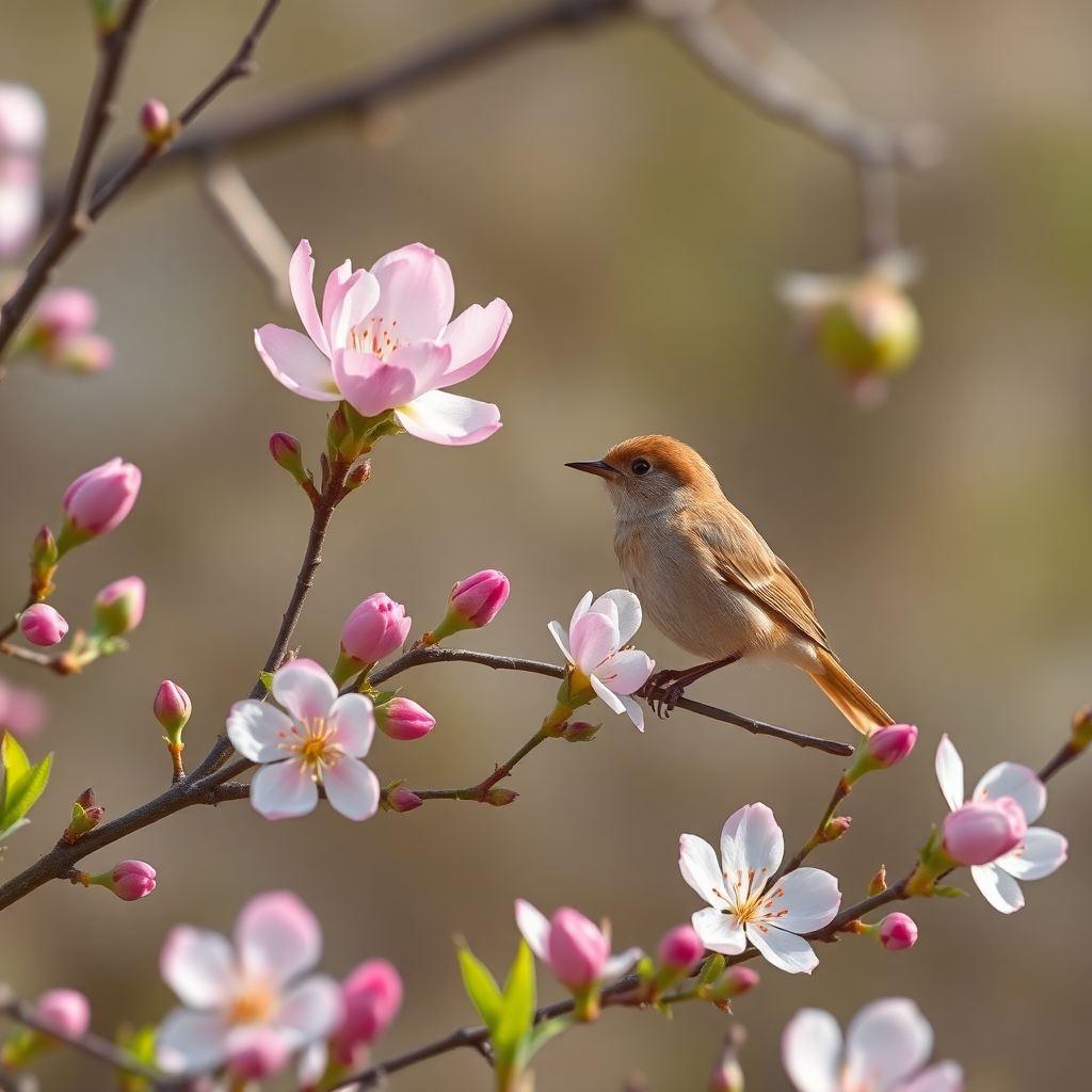 bird sitting on a tree with pink flowers