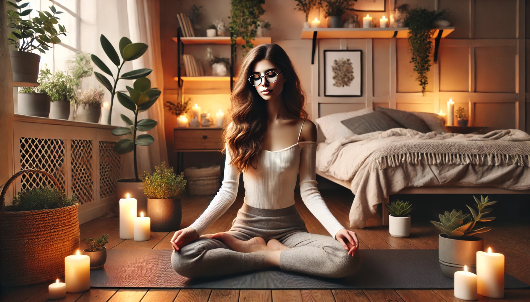 Jeune femme pratiquant la méditation dans sa chambre