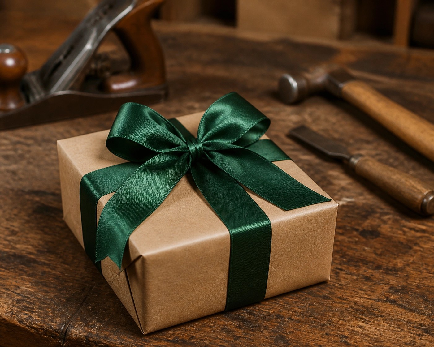 A beautifully wrapped gift box in simple, elegant paper, topped with a large, vibrant green satin bow, representing the unexpected ways fathers show love that we sometimes miss.