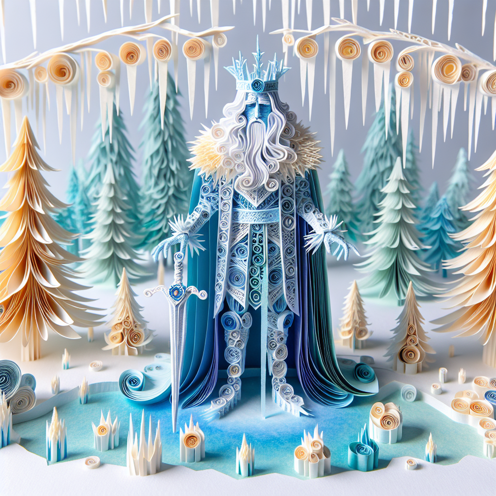 Ice king in blue robes. Image in the style of paper quilling.