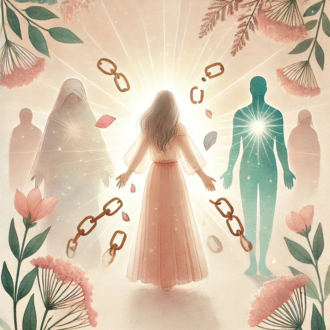 Femme debout dans la nature entourée de lumière, avec des chaînes brisées et des silhouettes d’ancêtres s’effaçant doucement, symbole de libération spirituelle et énergétique