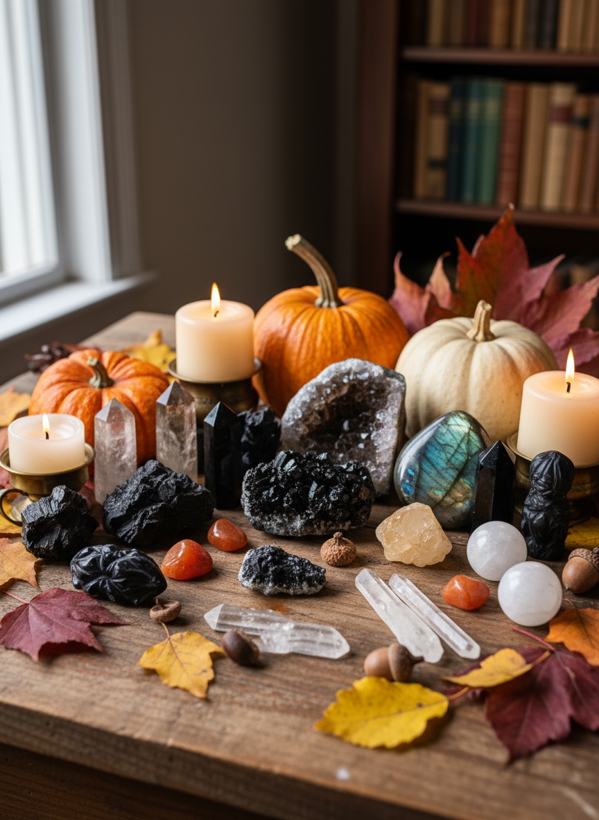 Samhain altar with candles, pumpkins, and crystals—black tourmaline, obsidian, citrine, and quartz—surrounded by autumn leaves, evoking protection and ancestral magic.