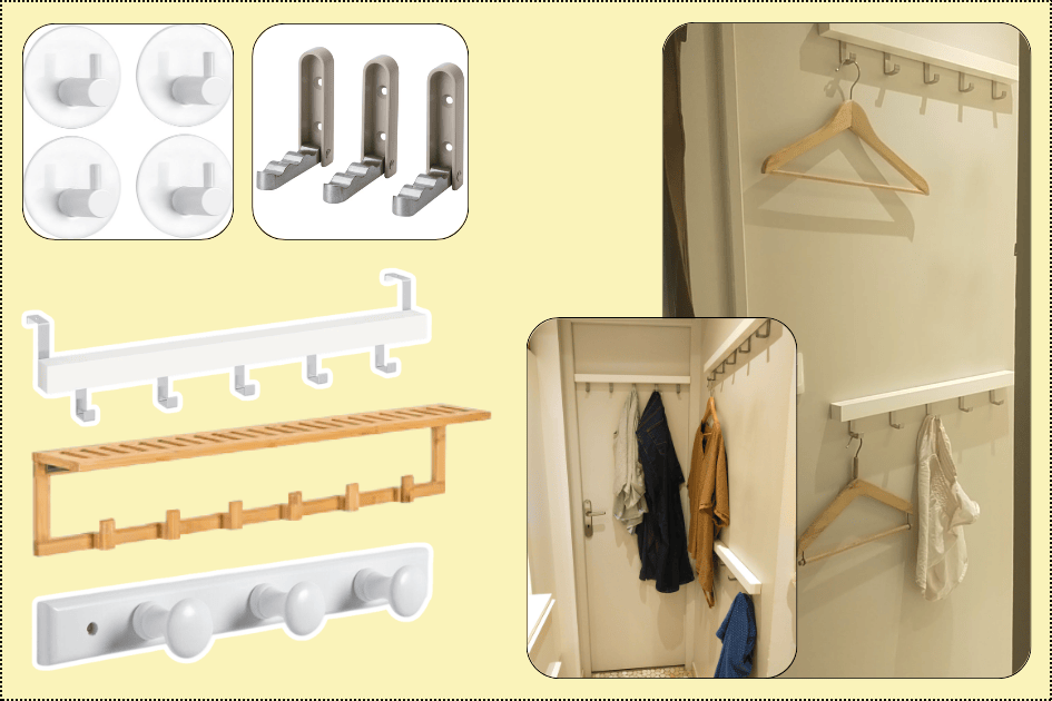 Patères murales et crochets pour organiser la maison : solution simple pour suspendre vêtements déjà portés, sacs et accessoires du quotidien.