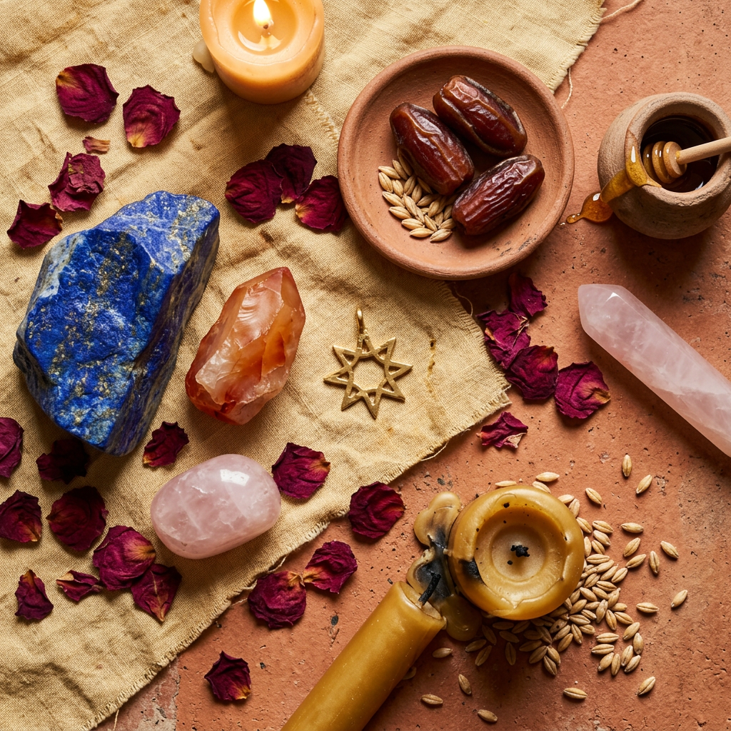 A top-down flat lay of mystical items arranged on a piece of coarse tan linen and a terracotta background. The arrangement includes a large raw chunk of blue lapis lazuli, a piece of rough carnelian, a tumbled pink rose quartz stone, a clear quartz crystal point, a gold eight-pointed star pendant, a small clay dish containing dates and grains, a tiny pot of honey with a wooden dipper, loose red rose petals, scattered grains, and beeswax candles, one of which is lit.