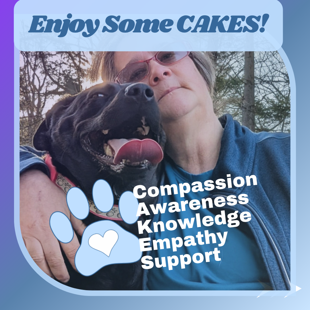 A dog trainer gently connecting with their black lab, caption reads "Enjoy some CAKES!"