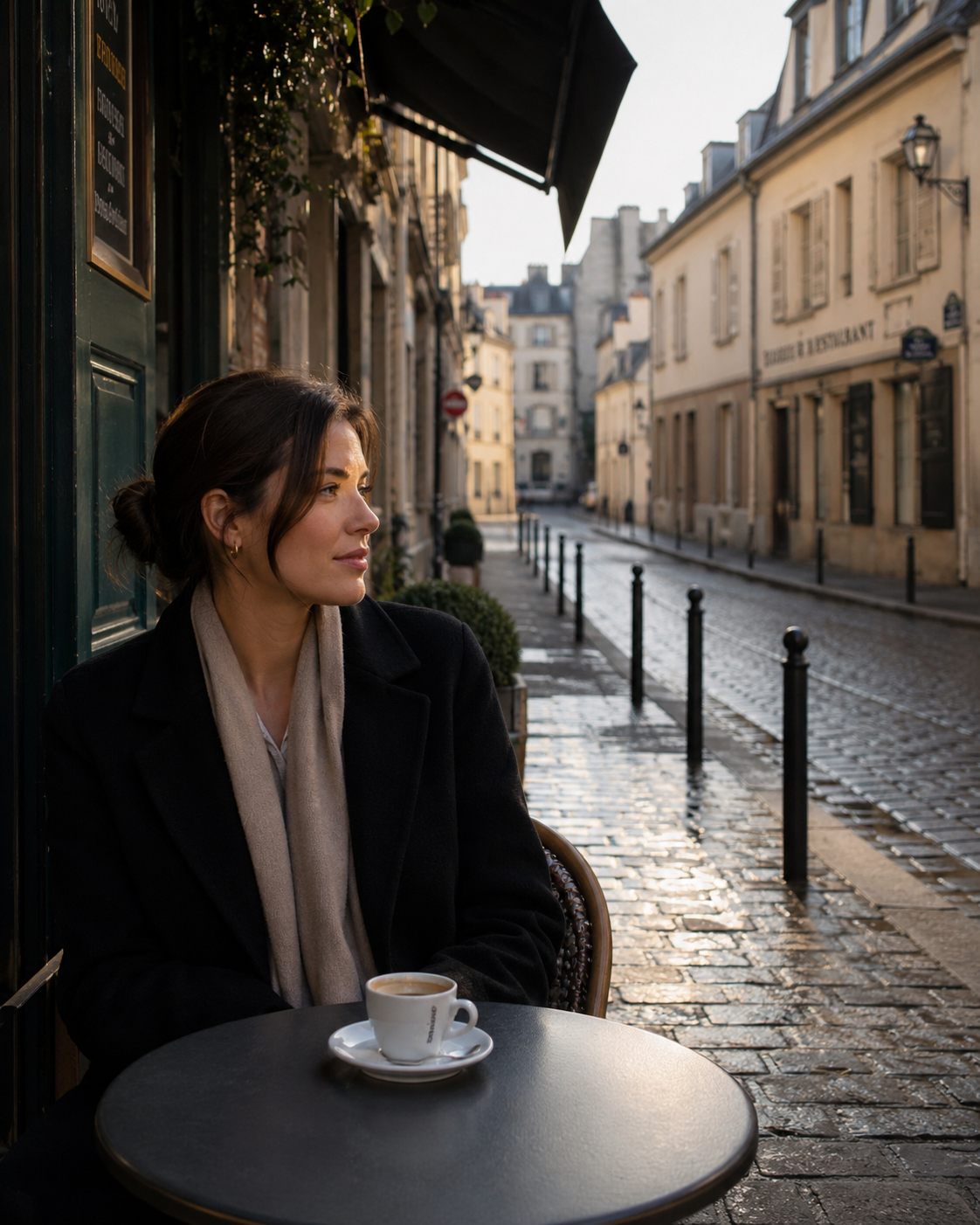 A woman having coffee alone at an outdoor table early in the morning on a quiet street