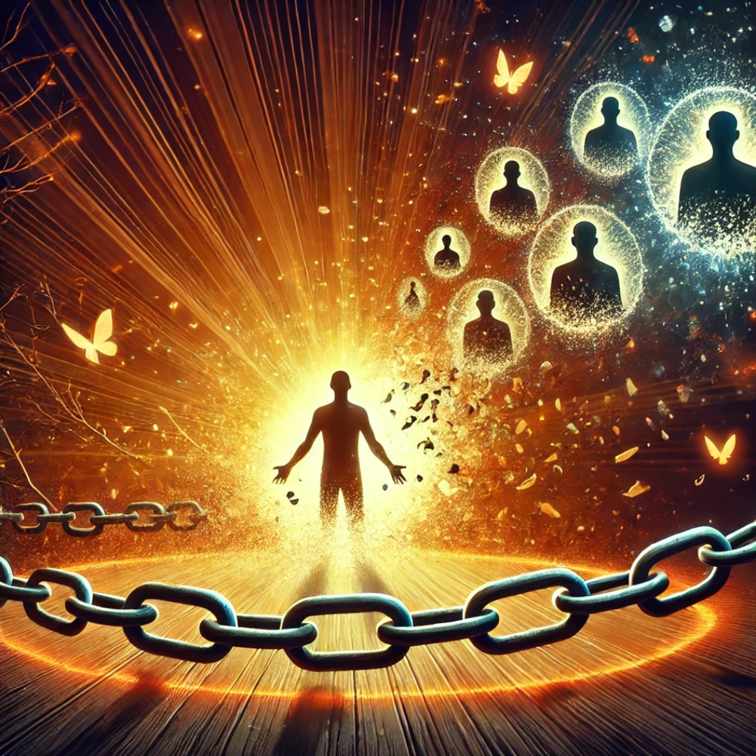Illustration d’une personne brisant une chaîne d’énergie lumineuse, avec des fragments sombres se dissipant dans l’air, symbole de guérison émotionnelle