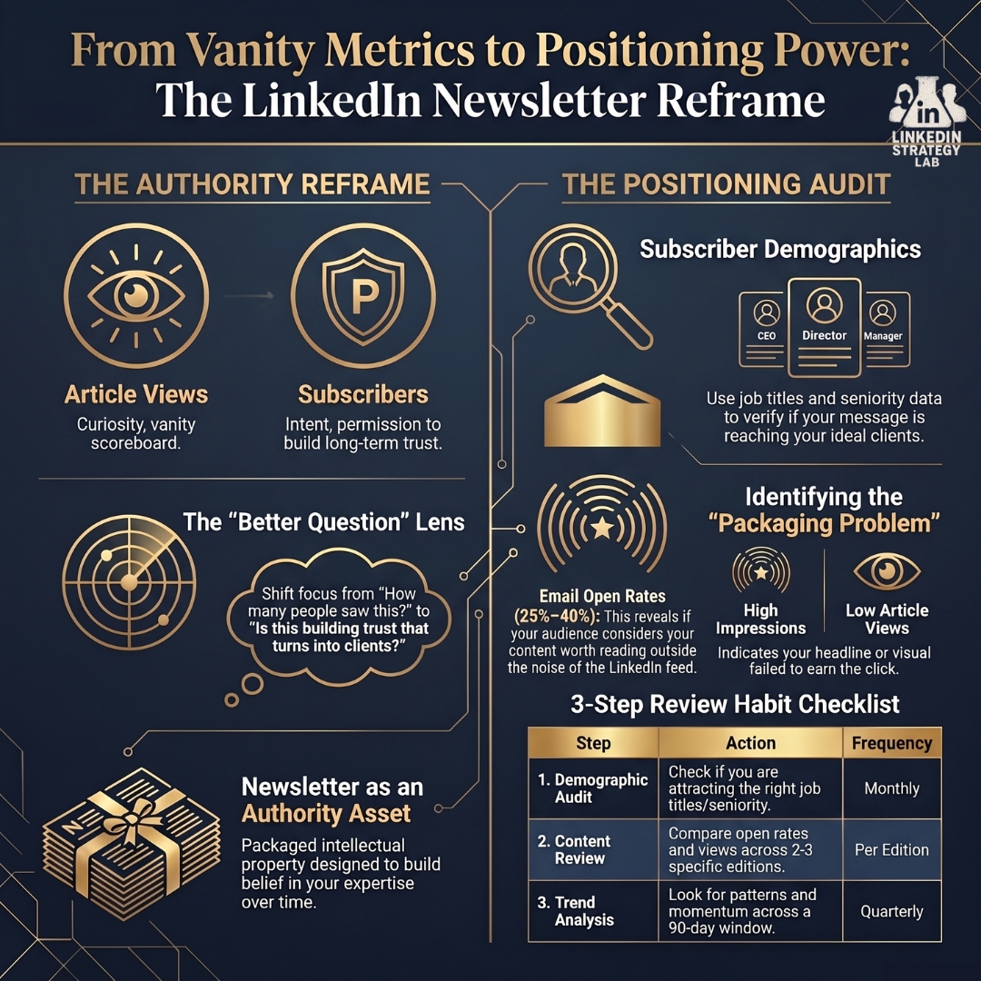 Infographic showing the LinkedIn newsletter analytics reframe from vanity metrics to positioning power, covering the authority reframe, subscriber demographics, email open rates, packaging problems, and a 3-step review habit checklist by The LinkedIn Strategy Lab