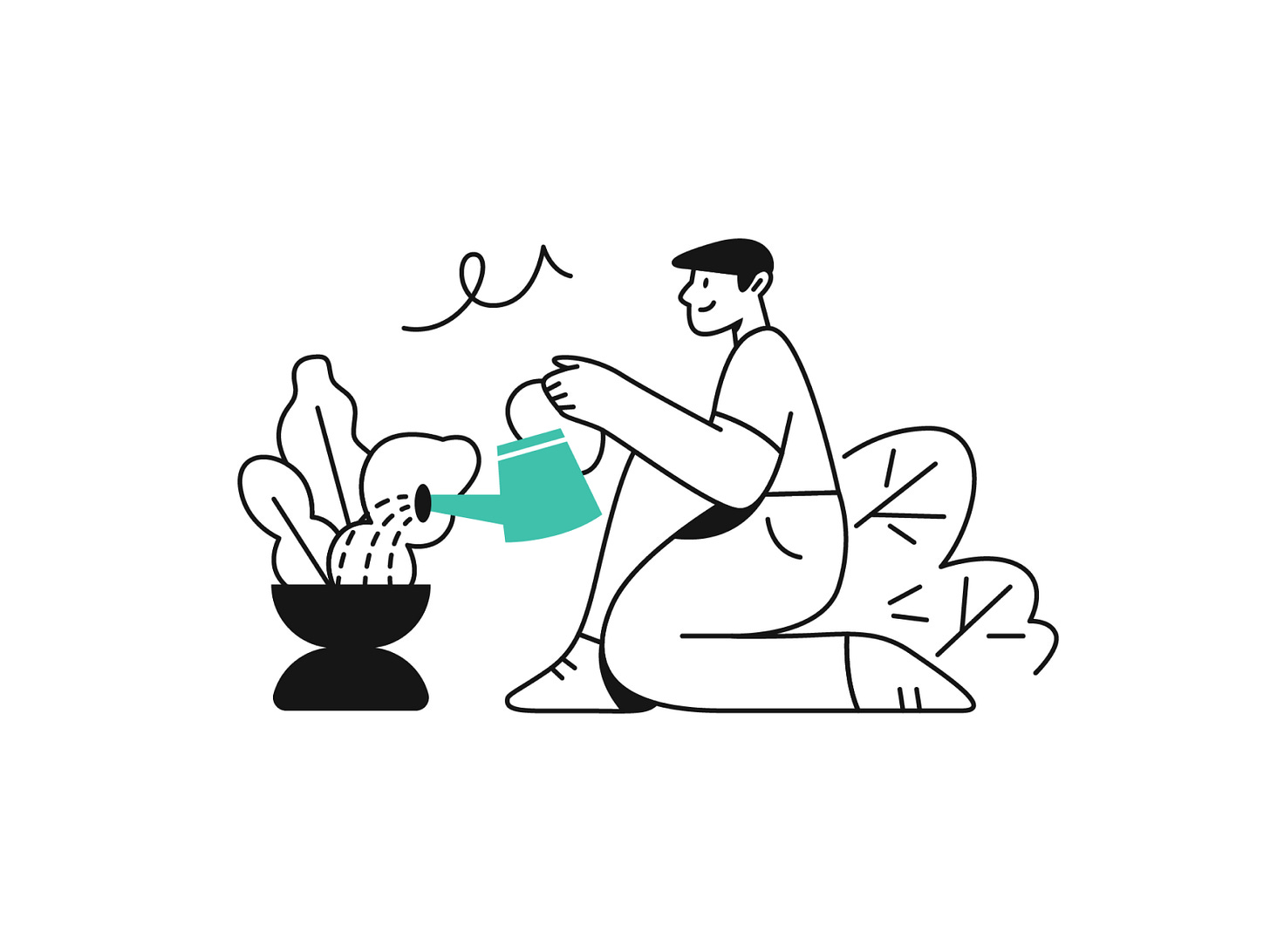 Man watering flowers while sitting on his knee, on white background