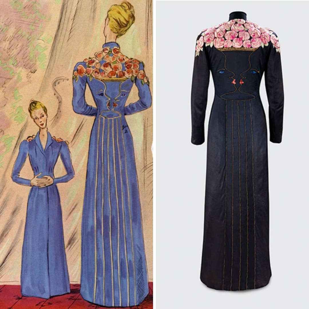 Jean Cocteau sketch and back view of Schiaparelli’s 1937 rose evening coat with pink roses, embroidered profile faces and column motif.
