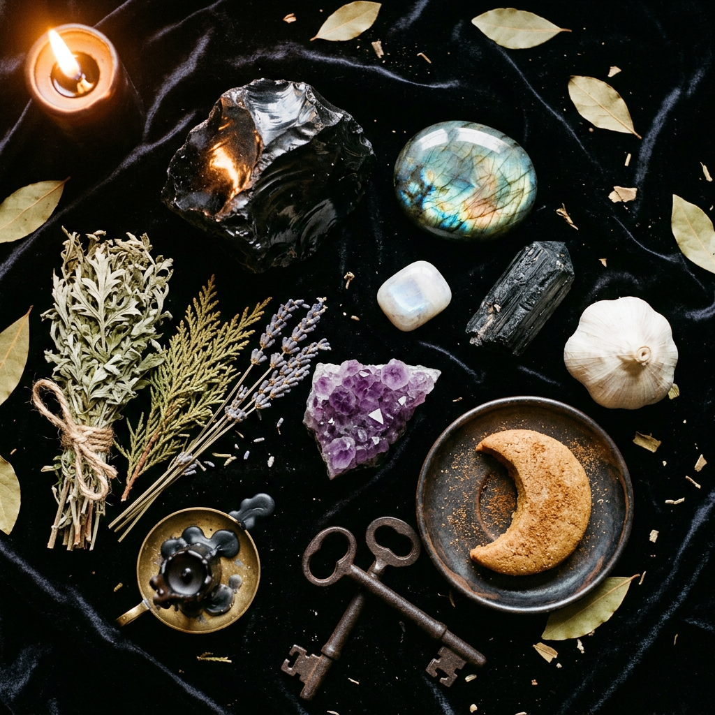 An overhead flat lay on black velvet showing crystals and botanical correspondences. Features a large chunk of raw black obsidian reflecting a flame, a polished labradorite palm stone, a raw rainbow moonstone, black tourmaline, and an amethyst cluster. Botanicals include a bundle of dried mugwort, cedar fronds, loose lavender, bay leaves, a whole garlic bulb, two iron keys, a crescent moon-shaped cake on a small dish, and a burning candle.