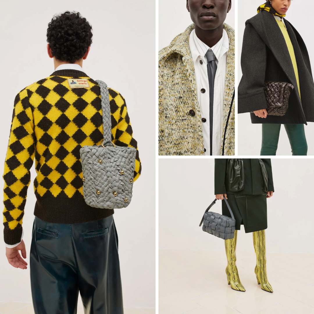 Collage of looks from the Bottega Veneta Resort 2024 collection, featuring black-and-yellow elements: a yellow-and-black argyle knit sweater with a grey woven leather bag, a yellow tweed coat layered over a shirt and tie, a black coat styled with a yellow knit hoodie and a dark brown woven bag, and a dark ensemble paired with yellow patterned boots and a grey woven bag. These pieces highlight how Bottega Veneta integrates black and yellow through knitwear, outerwear, and its signature woven accessories.