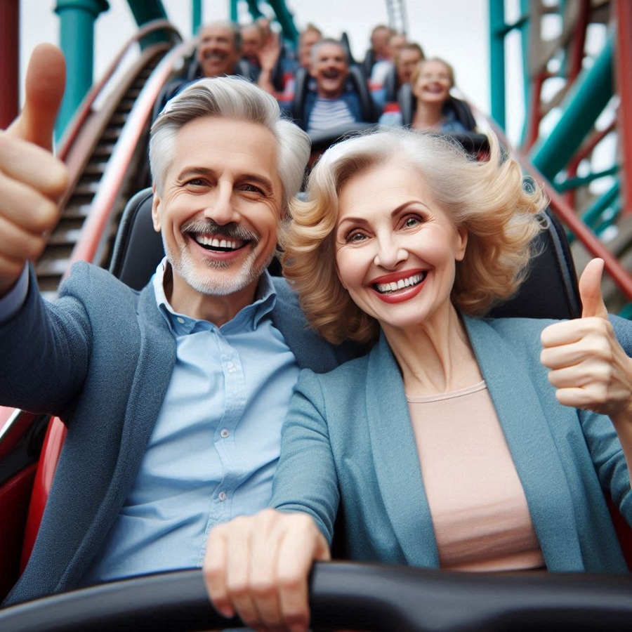man and woman on roller coaster giving thumbs up