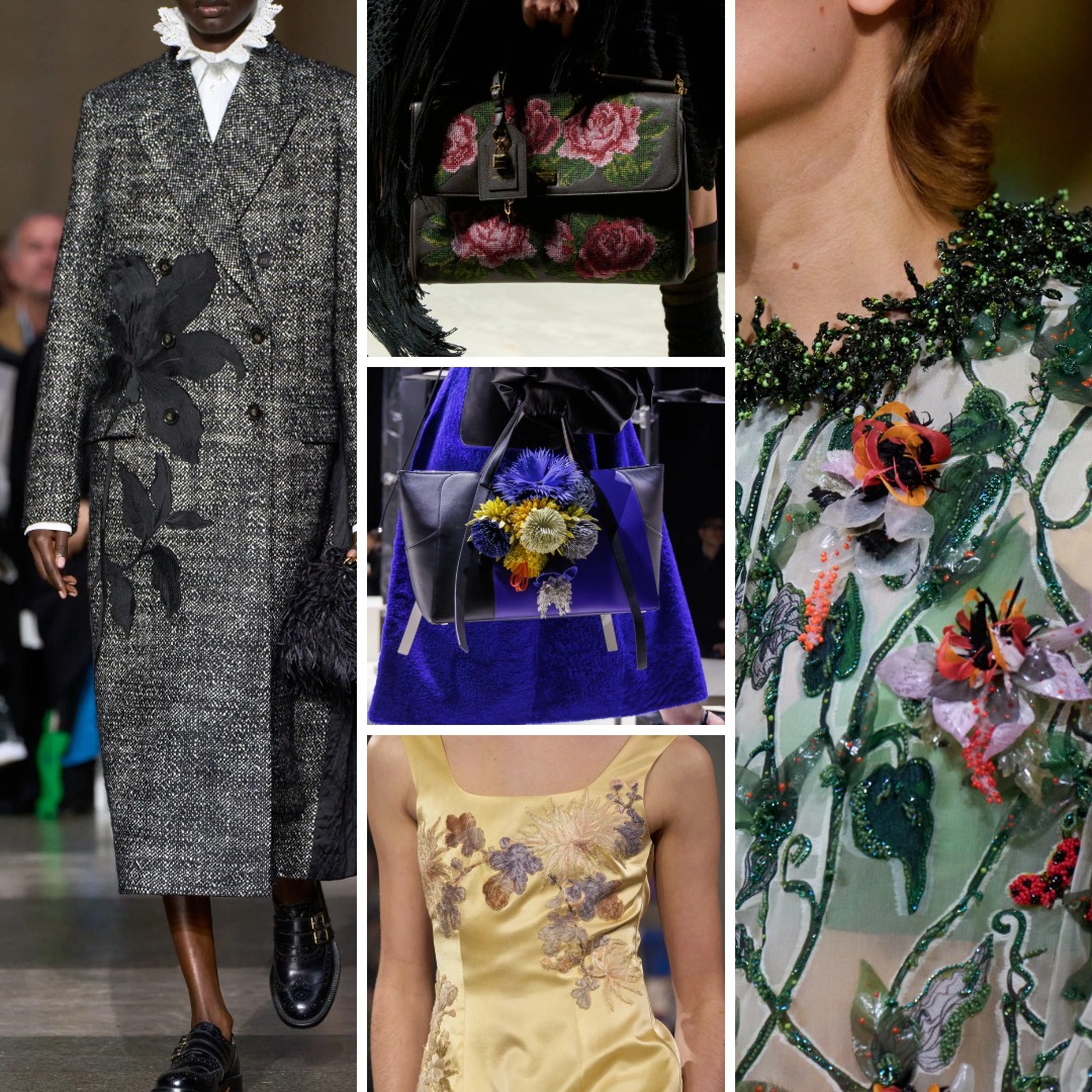 Fall/Winter 2026 Bloom Service examples featuring floral embroidery, beaded flowers, appliqué and dimensional botanical embellishment