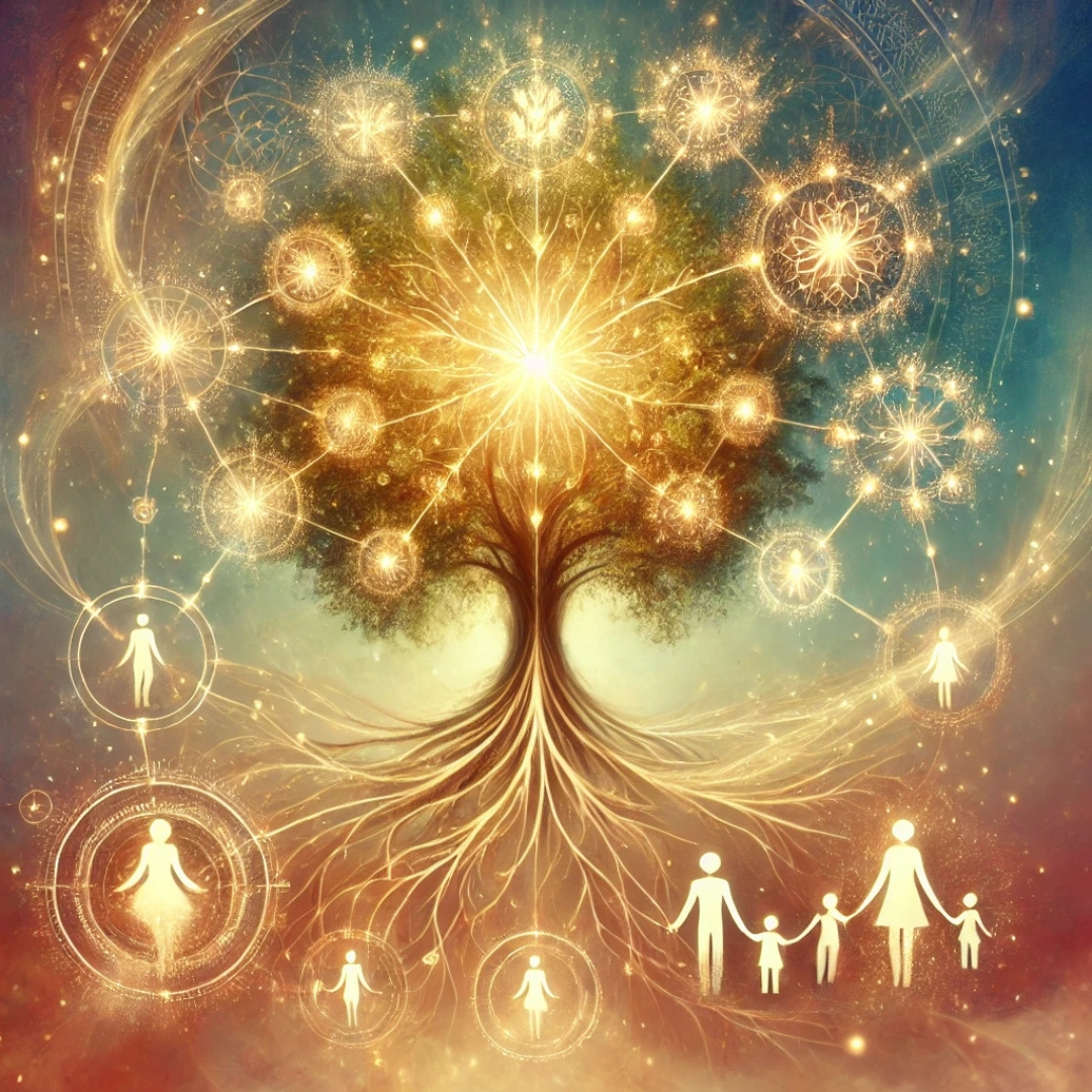 Illustration symbolique d’un arbre généalogique énergétique où les liens familiaux sont purifiés par une lumière dorée, représentant la guérison transgénérationnelle grâce aux soins alchimiques.