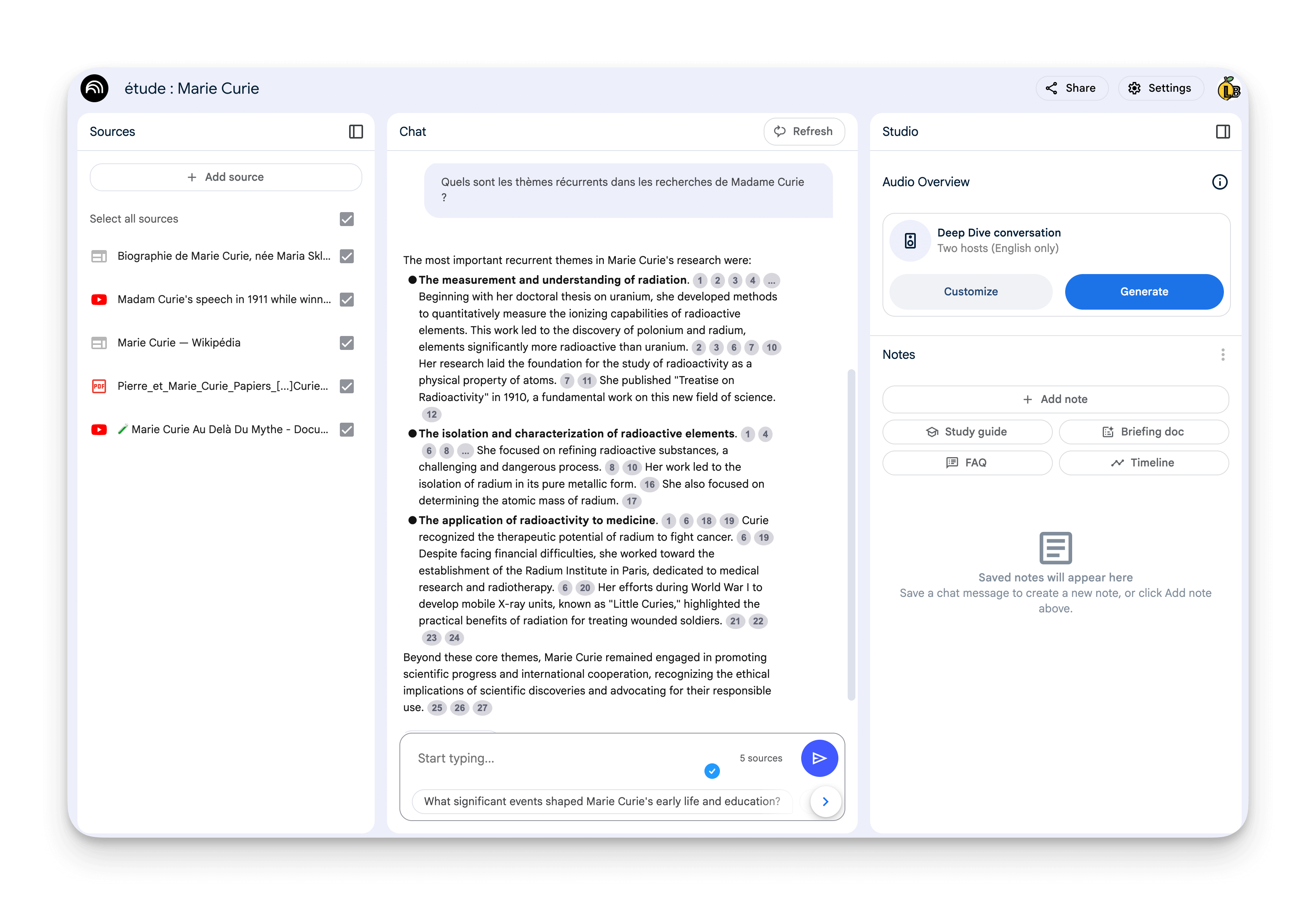 réponses de notebookLM sur des sources concernant marie curie