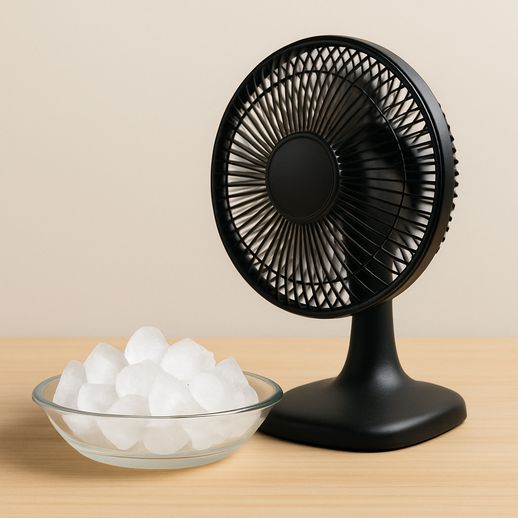 fan with bowl of ice