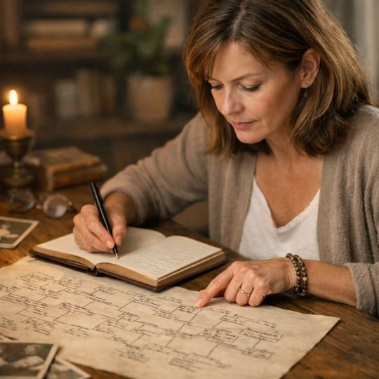 Une femme mûre examine attentivement son arbre généalogique à la lumière d’une lampe, dans une ambiance propice à l’introspection et à la transmission familiale