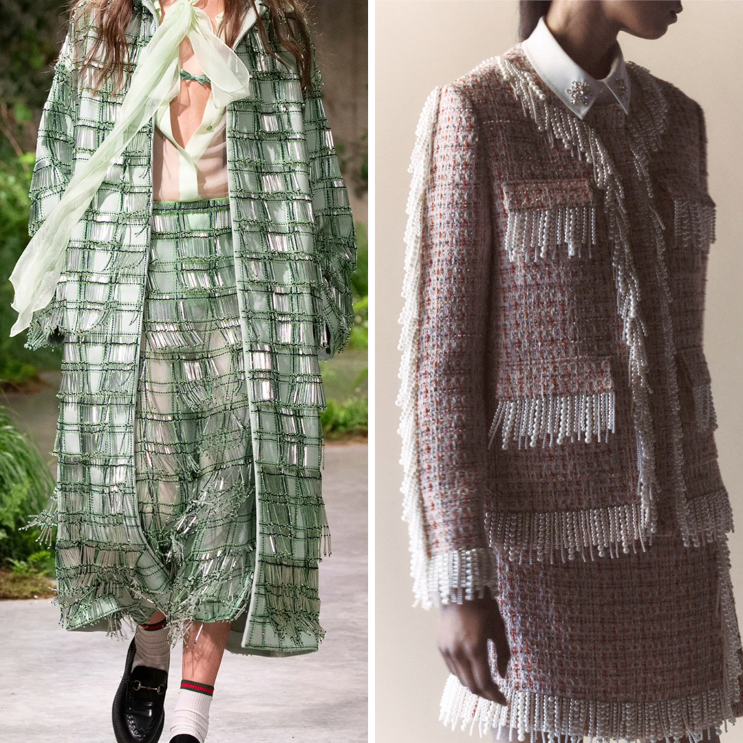 A collage showcasing fringe embellishments in fashion: Left, a green fringe coat and skirt from Erdem Resort 2025 with layered woven details; Right, a pink tweed jacket from Huishan Zhang Resort 2025 featuring cascading pearl fringe, highlighting movement and elegance in modern tailoring.