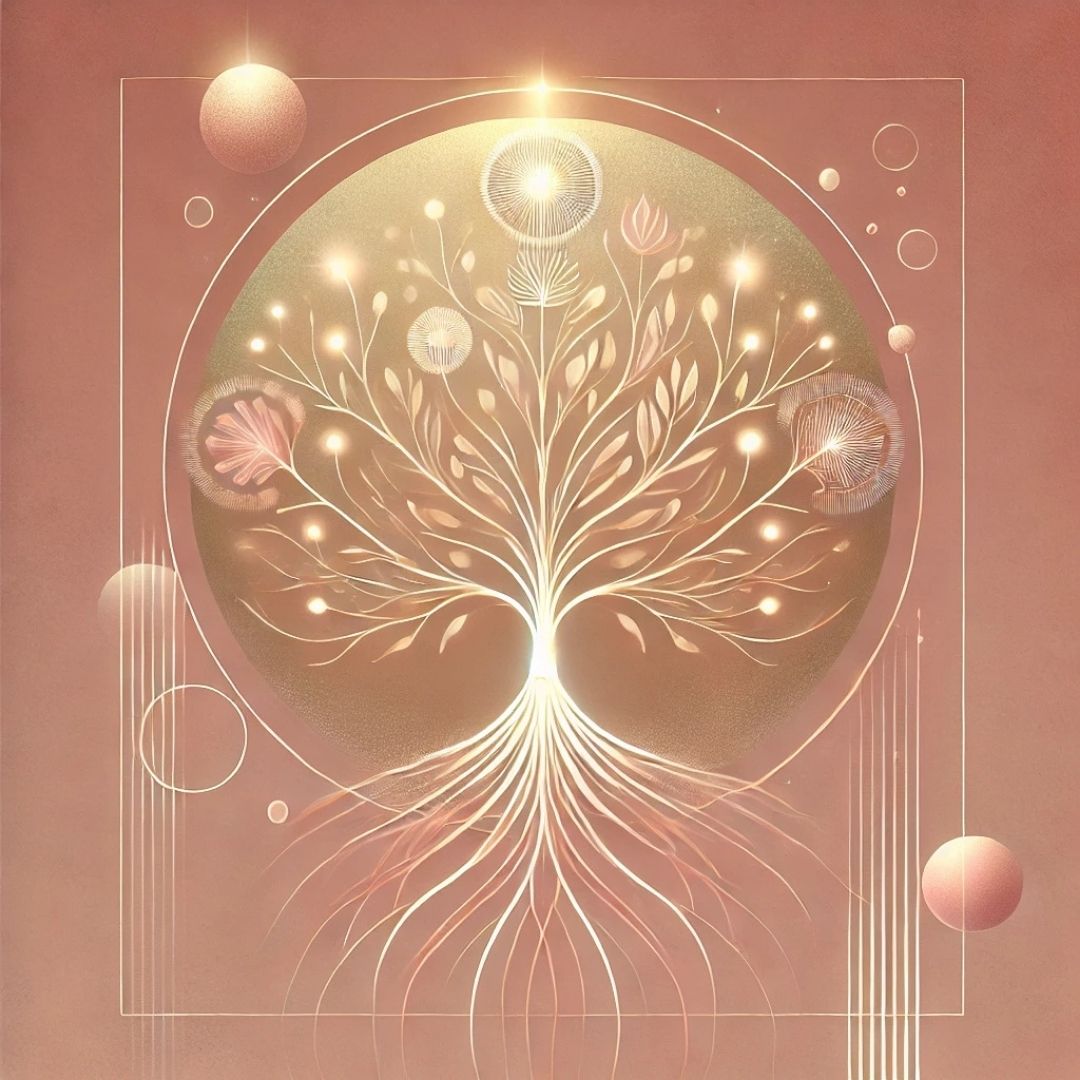 illustration symbolique d’un arbre lumineux représentant l’arbre familial et les transmissions en psychogénéalogie