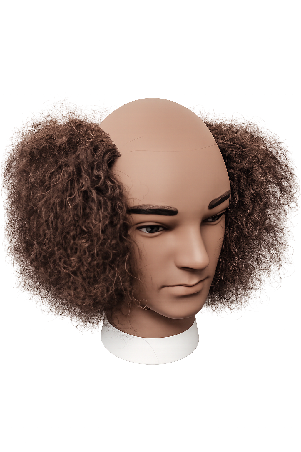 Training mannequin head with afro-textured hair unit partially applied to the crown — used to illustrate the Hair Unit Practice Kit