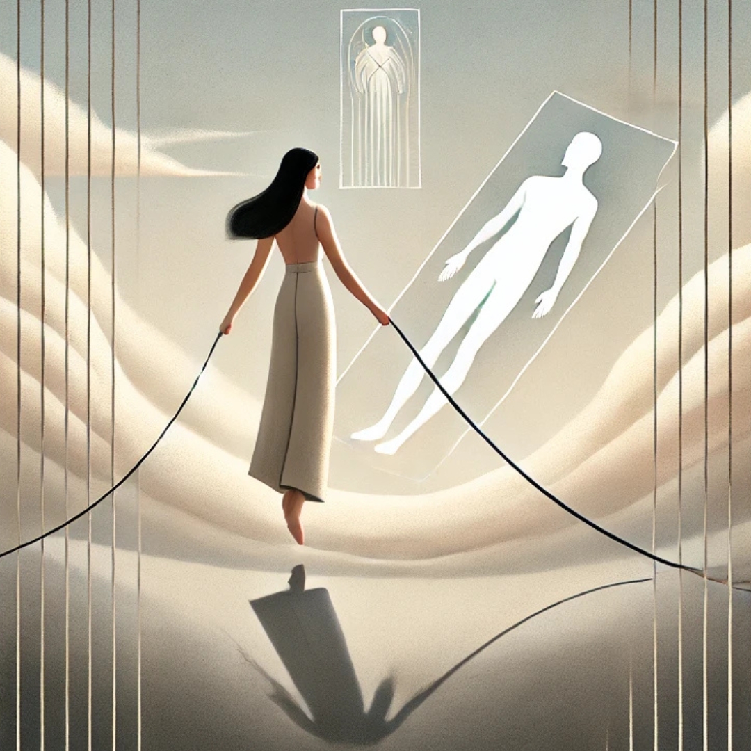 Illustration symbolique d'une femme partagée entre deux directions, représentant le double gisant et la tension entre mémoires horizontales et verticales.