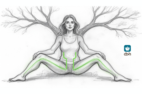 Potloodtekening vrouw in Do-In Yoga zit met gespreide benen — groene lijn toont het verloop van de Levermeridiaan langs de binnenzijde van de benen